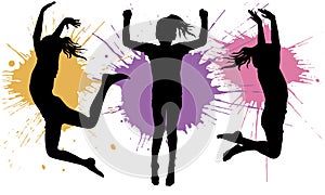 Silhouette of jumping girls children on background of splash blot. Vector illustration