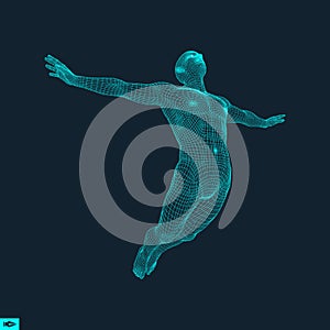 Silhouette of a Jumping Man. 3D Model of Man. Geometric Design.