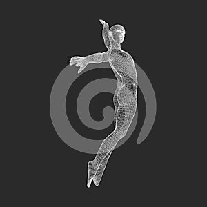 Silhouette of a Jumping Man. 3D Model of Man. Geometric Design. Polygonal Covering Skin. Human Body Wire Model. Vector