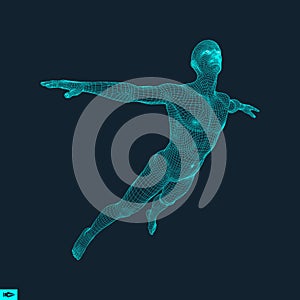 Silhouette of a Jumping Man. 3D Model of Man. Geometric Design. Polygonal Covering Skin. Human Body Wire Model. Vector