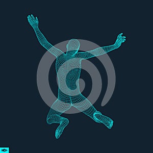 Silhouette of a Jumping Man. 3D Model of Man. Geometric Design. Polygonal Covering Skin. Human Body Wire Model. Vector