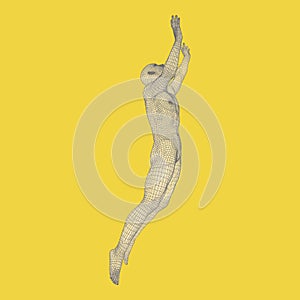 Silhouette of a Jumping Man. 3D Model of Man. Geometric Design. Polygonal Covering Skin. Human Body Wire Model.