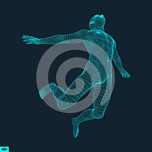 Silhouette of a Jumping Man. 3D Model of Man. Geometric Design. Polygonal Covering Skin. Human Body Wire Model. Vector