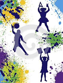 Silhouette of jumping school children with globe, ruler, books on background of color splashes and blots. Vector illustration