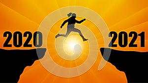 Silhouette of jumping woman over chasm between mountains. Transition from 2020 to 2021, new year. Vector illustration