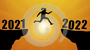 Silhouette of jumping woman over chasm between mountains. Transition from 2021 to 2022, new year. Vector illustration