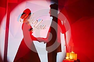 Silhouette of just married couple on the wall with lettering Only You. Figures of a beautiful and fashionable couple of