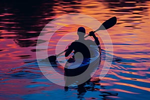 silhouette of a kayaker at sunset, water reflecting colors