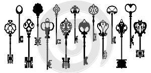 silhouette keys set of different shape ornament and secrecy in vintage style isolated vector illustration