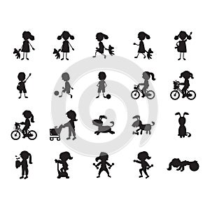 silhouette of kids in various activities. Vector illustration decorative design