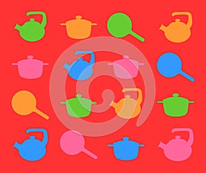 Silhouette of kitchen ware in color.