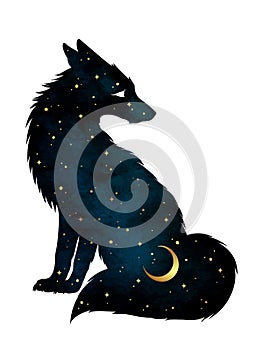 Silhouette of kitsune fox magic animal with night sky with crescent moon gothic tattoo design isolated vector illustration