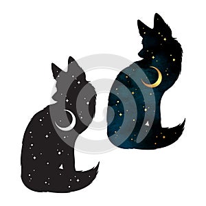 Silhouette of kitsune fox magic animal with night sky with crescent moon gothic tattoo design isolated vector illustration