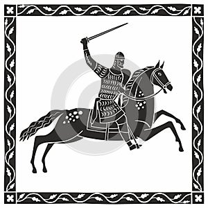 Silhouette of a knight galloping on a horse. Decorative graphics stylization of medieval miniatures