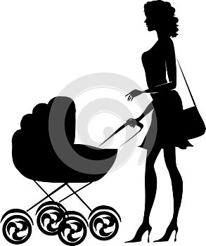 Silhouette of a lady pushing a pram