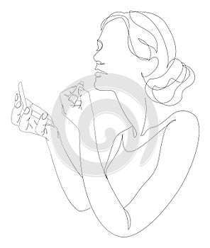 Silhouette of a lady. A woman does makeup, paints her lips with lipstick in a modern one line style. Continuous line drawing, outl