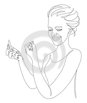 Silhouette of a lady. A woman does makeup, paints her lips with lipstick in a modern one line style. Continuous line drawing, outl