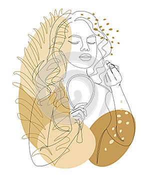 Silhouette of a lady. A woman does makeup, paints her lips with lipstick in a modern one line style and leaves of a plant. Solid l