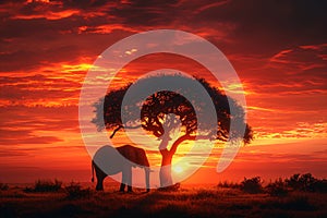 Silhouette of large acacia tree in the savanna plains with elephant. African sunset or sunrise. Wild nature