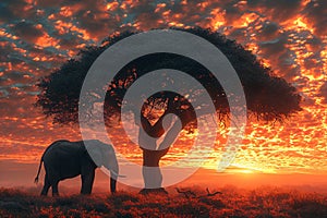 Silhouette of large acacia tree in the savanna plains with elephant. African sunset or sunrise. Wild nature