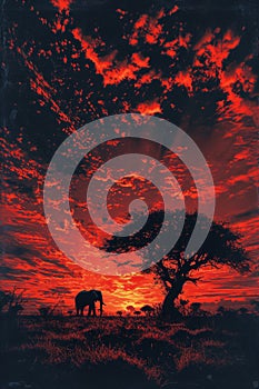 Silhouette of large acacia tree in the savanna plains with elephant. African sunset or sunrise. Wild nature