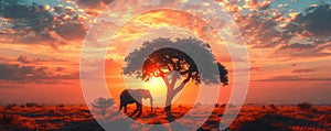 Silhouette of large acacia tree in the savanna plains with elephant. African sunset or sunrise. Wild nature