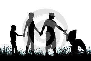 Silhouette of a large family that walks