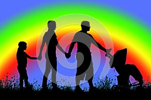 silhouette of a large family that walks on a background of rainbow