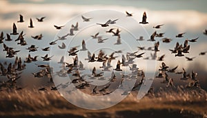 Silhouette of large group of animals flying in tranquil sunset generated by AI