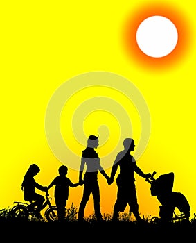 Silhouette of a large and happy family