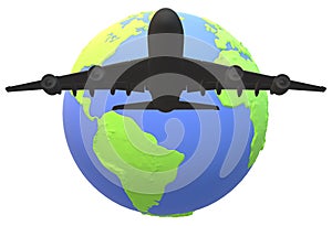 A silhouette of a large passenger jet airplane flying over a globe of the world