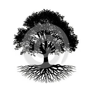 Silhouette of a large tree with an expansive canopy and detailed root syst