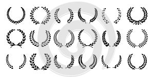 Silhouette laurel wreath. Greek olive branch, champion award emblems, leaves round prizes symbols. Vector black laurels