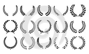 Silhouette laurel wreath. Heraldic trophy crest, Greek and Roman olive branch award, winner round emblem. Vector black