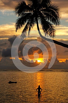 Silhouette of leaning palm tree and a woman at sunrise on Taveuni Island, Fiji