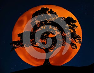 Lebanese Cedar in front of full Orange Moon under the southern cross beautiful dark blue skies