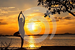 Silhouette lifestyle woman yoga exercise and worm up raise arm before pose for healthy life.