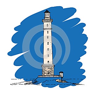 Silhouette lighthouse drawing on a blue background