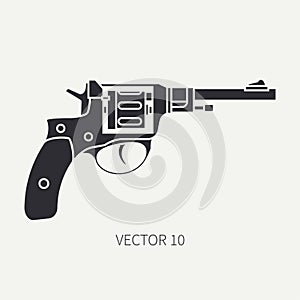 Silhouette. Line flat vector military icon revolver, pistol. Army equipment and armament. Legendary retro weapon