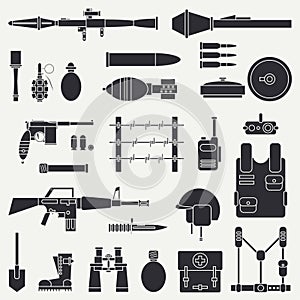 Silhouette. Line flat vector military icon set. Army equipment and weapons. Cartoon style. Assault. Soldiers. Armament