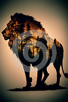 Silhouette of a lion in the forest. Vector illustration.