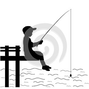 Silhouette little boy is fishing