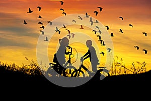Silhouette little boy and little girl riding bike look to flock of lesser whistling duck flying on sunset