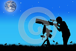 Silhouette of little boy looking through a telescope