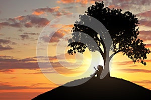 Silhouette of a little girl reading a book under a tree