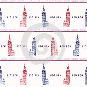 Silhouette London Big Ben Clock Tower seamless vector pattern. Famous