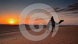 Silhouette of a lone bedouin sitting on a camel in the desert with spectacular sunset