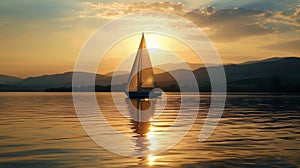 The silhouette of a lone sailboat on a calm lake with the sun setting behind a distant range of hills