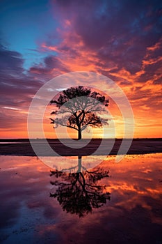silhouette of a lone tree against a dramatic sunset