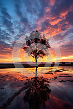 silhouette of a lone tree against a dramatic sunset